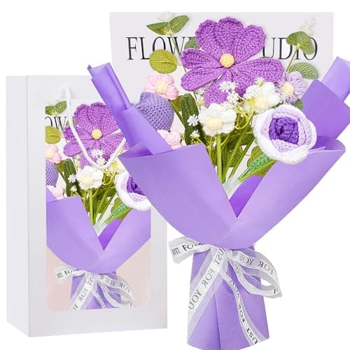 Disracker Handmade Crochet Flower Bouquet, Elegant Purple Tulip & Daisy Knitted Floral Arrangement, for Mom Grandma, Lasting Artificial Fake Flowers for Birthday Women - Image 1