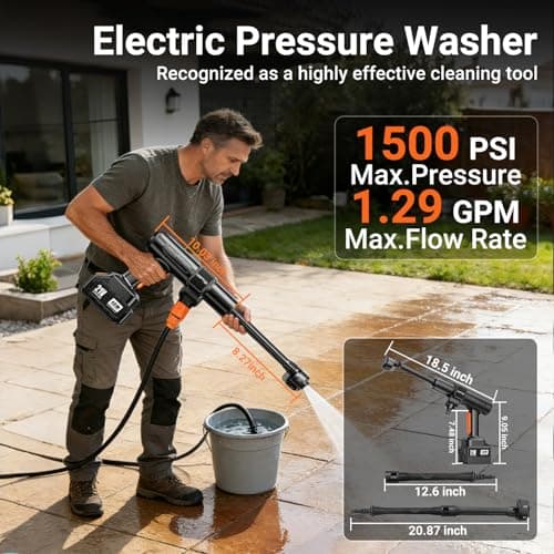 Cordless Pressure Washer, 300PSI Portable Power Washer with 6-in-1 Nozzle & Foam Cannon, 21V Hand Held Pressure Washer with 2 Batteries & 32 FT Hose, 3.2 LBS Brushless Motor for Car, Garden, Fence - Thumbnail 2