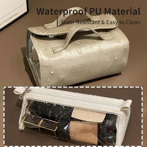 YAKUNCL 4-IN-1 Detachable Cosmetic Bag, Foldable Waterproof PU Leather Makeup Bag, Portable Travel Toiletry Organizer Bag for Women Daily & Travel Use (Premium Gray) - Thumbnail 6