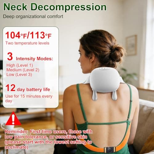 Nooydio Neck Massager, Neck and Back Massager with Heat & 4D Kneading, Shiatsu Deep Tissue Wireless Massager for Shoulder Cervical Pain Relief, Portable Rechargeable for Home Office (White) - Thumbnail 2