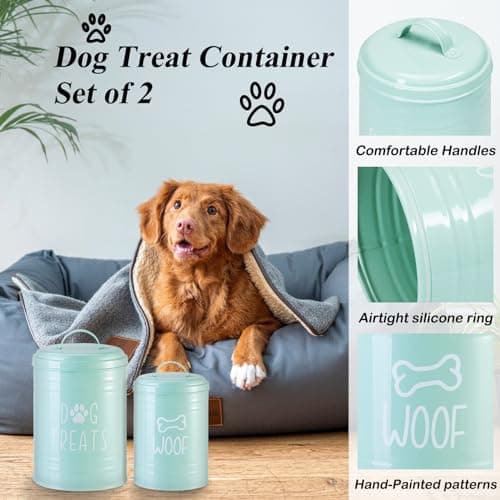 Dog Treat Container Airtight, Dog Treat Jar Set of 2 with Lid - 9x5.5''&7x4'' Metal Dog Cookie Jar for Farmhouse Kitchen Counter, Green Pet Treat Container, Dog Treat Storage Container for Dogs, Cats - Thumbnail 5