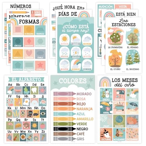 Hadley Designs Spanish Posters for Classroom - 12 Bilingual Educational Posters for Spanish Classroom Decorations Must Haves, Calendario y Alfabeto en Español Para la Pared, Boho Teacher Supplies