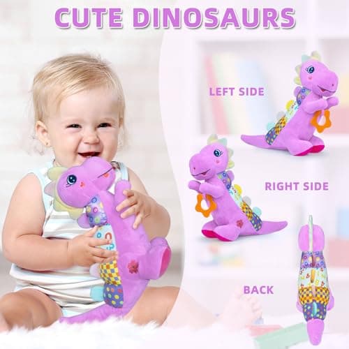 Baby Dino Musical Stuffed Animal Toys for 0-3-6-9-12 Months，Infant Dinosaur Tummy Time Toys with Crinkle Sound Paper,Teether，Textures & Rattles for Newborn Boys Girls Birthday Gifts，Purple - Thumbnail 6
