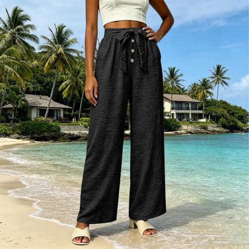 Linen Wide Leg Pants for Women, High Waisted Button Work Casual Flowy Tie Knot Trousers with Pockets, Lightweight Breathable Summer Vacation Beach Office Work Womens Palazzo Pants 2026BlackS - Thumbnail 2