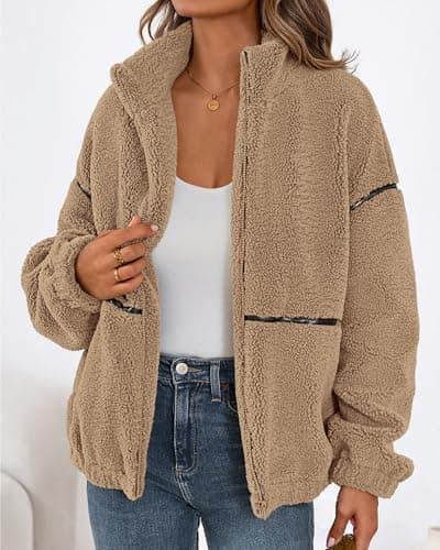 KIRUNDO Sherpa Jacket Women Fleece Oversized Zip Up Winter Coats Fall Jackets Faux Fur Warm Outwear 2026 Fashion Clothing(Khaki, Medium) - Thumbnail 4