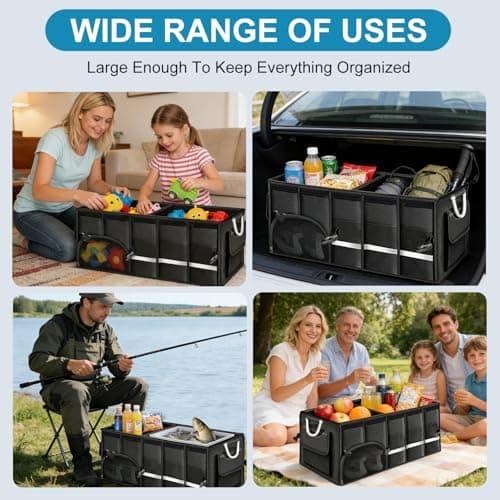 Zrgzob Car Trunk Organizer, 1680D Waterproof Oxford, Collapsible Waterproof Car Organizer Storage with Foldable Cover, Reflective Strip, 4 Mesh Pockets for SUV, Truck, Sedan, Camping, Road Trip (92L) - Thumbnail 4