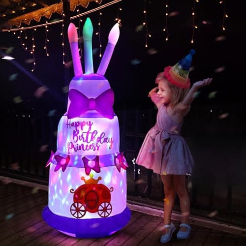 GIFTFIND 4.5Ft Inflatable Birthday Cake with Rotating Fairy Lights, Outdoor Birthday Party Decoration Cake with Candles, Holiday Blow Up Celebration Decor for Indoor Outdoor Yard Lawn