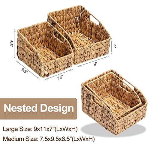 FairyHaus Wicker Baskets 2 Pack, Natural Large Wicker Baskets for Storage, Nesting Hand-woven Water Hyacinth Wicker Baskets for Organizing with Built-in Handles, 9"L x 11"W x 7"H - Thumbnail 6