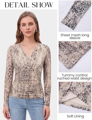 Arolina Dressy Tops for Women 2026 Wrap Long Sleeve Mesh V Neck Blouses - Thumbnail 4