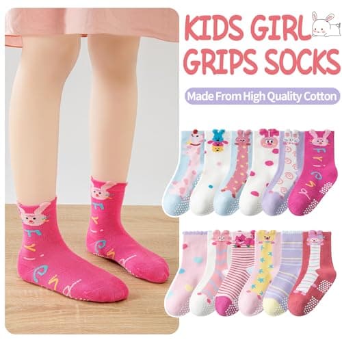 ORVYTHA 12 Pairs Baby Girls Boys Toddlers Kids Grips Socks Non-Slip/Anti-Skid Funny Cartoon Breathable Cotton Crew Socks - Thumbnail 2