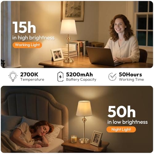 NIORSUN Portables Cordless Table Lamp,Battery Operated Lamp,5200mAh Bedside Table Lamp with Warm White,3 Way Dimmable Touch Desk Lamp for Bedroom Living Room Restaurant White Shade (Gold) - Thumbnail 4