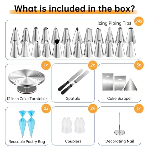 Cake Decorating Kit 35 Pieces - 24 Piping Tips Set with 12 Inch Turntable, Reusable Pastry Bag, Icing Spatula, Scraper, Couplers - Baking Tools for Beginners, Professional Cake Decorating Supplies - Thumbnail 4