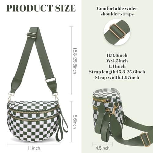 WOOMADA Checkered Crossbody Bag Bum Bag for Women, Fanny Pack Checkered Purse, Belt Bag with Shoulder Strap(Army Green Checkerboard) - Thumbnail 2