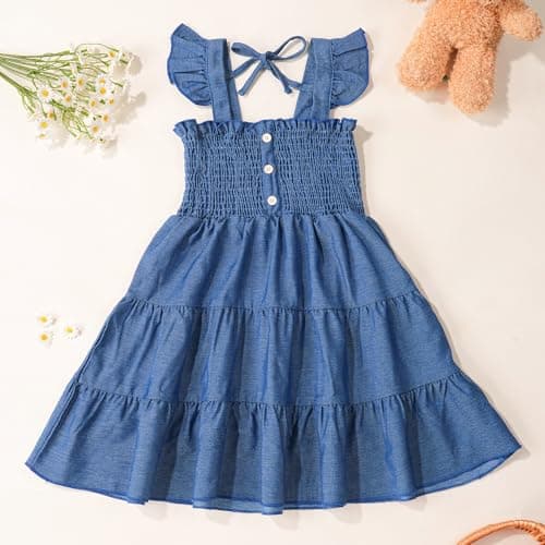 HONGTEYA Toddler Girl Dress Ruffle Sleeveless Princess Dresses, Summer Dress Beach Sundress (US, Age, 5 Years, 6 Years, Cowboy) - Thumbnail 6