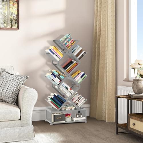 Gintan 9-Tier Modern Book Shelves with Storage, Bedroom Shelves Folding Bookshelves, No Installation Required Shelf Tree Bookcase for Living Room, Study, Home Office, Bed Room (Grey) - Thumbnail 6