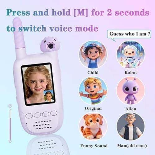 Kids Video Walkie Talkies 2 Pack, 180° Rotating Camera & Live Video Chat, Rechargeable Intercom Toys with 6 Voice Changers, Flashlight & 10 Fun Ringtones, Outdoor Toys for Boys Girls, Green & Purple - Thumbnail 3