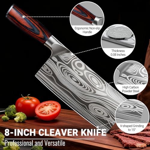 Nanbone Meat Cleaver Knife Ultra Sharp Kitchen Knife 8 Inch, High Carbon Stainless Steel Butcher Knife with Wooden Handle, Chinese Cleaver for Meat Cutting Vegetable Slicing Perfect Birthday Gifts - Thumbnail 4