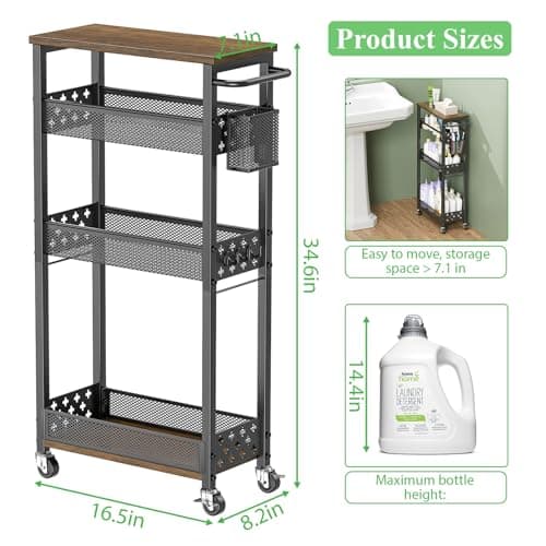 MJIMKE Utility Slim Rolling Storage Cart with Wheels, 4 Tier Narrow Metal Kitchen Cart Bathroom Laundry Room Organization Trolley with Wood Rack and Removable Mesh Basket for Small Space, 7.1IN Black - Thumbnail 2