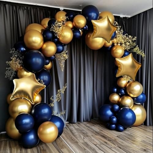 Royal Blue and Gold Balloon Garland Arch Kit, 160Pcs Dusty Blue Gold Latex Balloons with Star Foil Balloons for Wedding Anniversary Birthday Party Decorations - Image 1