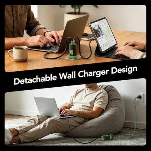 MFish 65W GaN Fast Wall Charger Block with 2 USB-C & 1 USB-A Ports, 5ft Nylon Extension Adapter – High-Speed Charging for iPhone, iPad, MacBook, Samsung Galaxy, and More Devices (Cyber Green) - Thumbnail 2