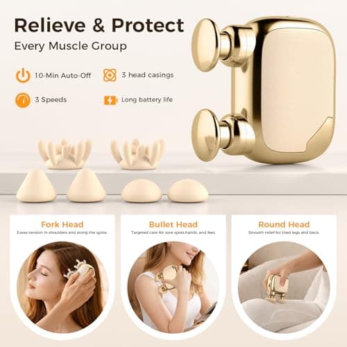 Beyn Mini Massage Gun,Palm-Sized Massage Gun,Powerful Deep Tissue Muscle Massager for Travel,Sports& Daily Use,With 3 Speeds & 3 Massage Heads(Light beige) - Thumbnail 5