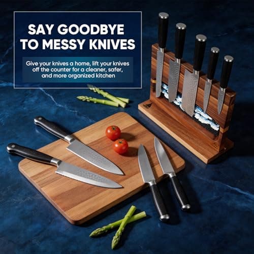 Magnetic Knife Block, Double Sided Kitchen Knife Holder for Countertop, Freestanding Acacia Wood Knife Organizer with Hand-Painted Wave Textured Abstract Painting (Black Blue) - Thumbnail 2