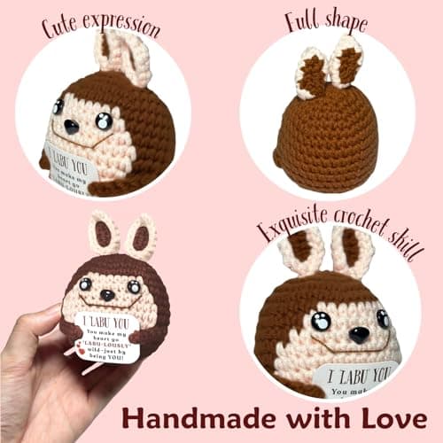 Maffuno Positive Crochet Bunny Gifts for Her Him, Handmade Love Gifts with Emotional I LABU You Card, Birthday Christmas Stocking Stuffers Gifts for Women Girlfriend Boyfriend Wife Husband (Brown) - Thumbnail 4