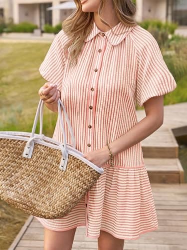 Wenrine Womens Summer Button Down Shirt Dress Casual Striped Puff Short Sleeve Collared Loose Mini Dresses with Pockets Pink - Thumbnail 3