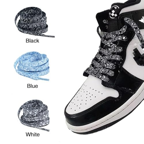Ciormis Shoe Laces for Sneakers, 3 Pair Blackwhite/Black/light Blue Paisley Shoelaces for Women Men, 5/16" Wide Flat Replacement Shoe Laces for Boots, Skate, Running Shoes (Set4-55 ''/140 cm) - Thumbnail 2