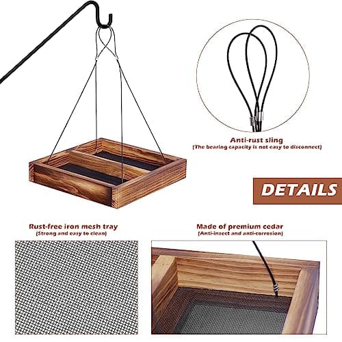 MIXXIDEA Bird Feeder Hanging Tray, Seed Tray Wooden Platform Hummingbird Feeder Hanging Tray Mesh Seed Platform for Garden Yard Outside Decoration Attracting for Wild Birds(Brown-1pk) - Thumbnail 3