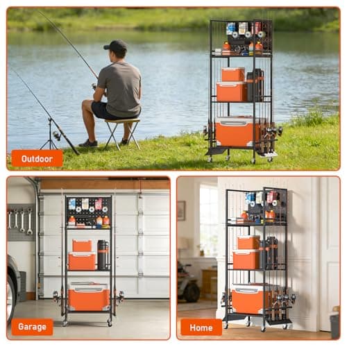 GloCryp 3-Shelf Fishing Pole Holders for Garage, Fishing Rod Holder Up to 12 Rods，Rolling Fishing Storage Cart for Tackle Box & Accessories, Fishing Gifts for Men - Thumbnail 6