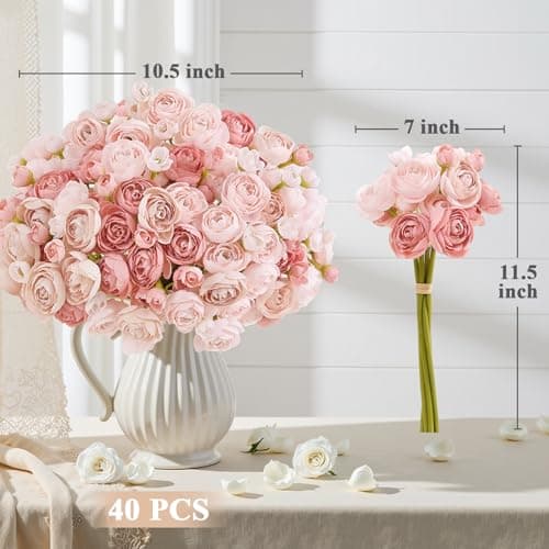 U'Artlines Ranunculus Artificial Flower, 40 Pcs Mini Ranunculus Bulk Flowers for DIY Bouquet Home Office Centerpieces Arrangements Bridal Shower Wedding Decorations Dusty Rose - Thumbnail 3