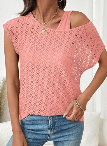 Dokotoo Womens Crochet Shirts Summer Tops for Women 2026 Fashion Trendy Crewneck Short Sleeve Shirts Ladies Tops and Blouses Casual Beach Vacation Clothes Two Piece Set Cute Coverup Pink - Thumbnail 2