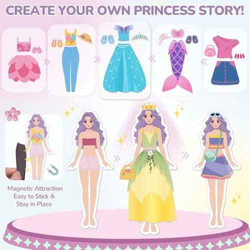Dreamon Magnetic Dress Up Dolls for Girls, 42PCS Princess Mermaid Fairy Ballerina Papper Dolls Dress Up Games Kit, Travel Game Airplane Activities Toys Birthday Gifts for Toddler Girls Ages 3 4 5 6 7 - Thumbnail 2