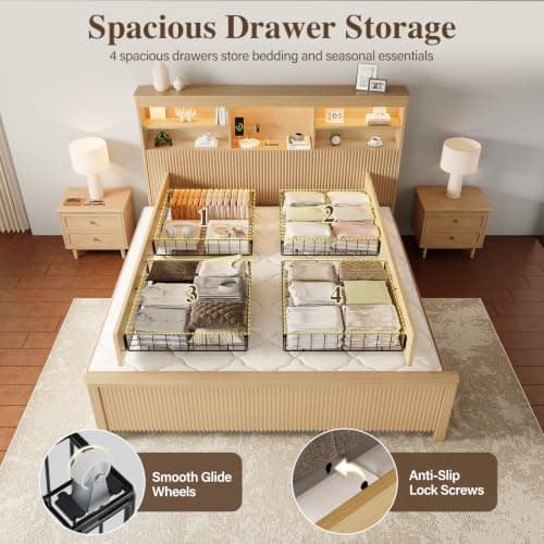 Uteeran King Size Bed Frame and Tall Headboard & Storage, Metal Platform Bed Frame with 4 Storage Drawers, King Bed Frame with LED Lights & Charging Ports, No Box Spring Needed, Noise-Free, Natural - Thumbnail 6