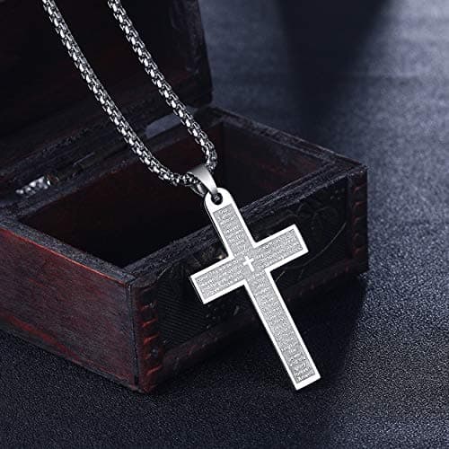 Rehoboth Engraved Bible Verse Our Father Lord's Prayer Cross Pendant Necklace for Men Women 24 Inch Stainless Steel Chain Silver - Thumbnail 2