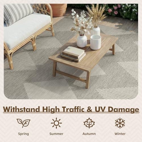 MontVoo-Outdoor Rug Carpet Patio Rug 5x7 ft Polypropylene Indoor Outdoor Rugs for Patio Deck Balcony Porch, Textured Weave, Durable for High Traffic, Fade-Resistant, Boho Geometric Silver Grey - Thumbnail 5