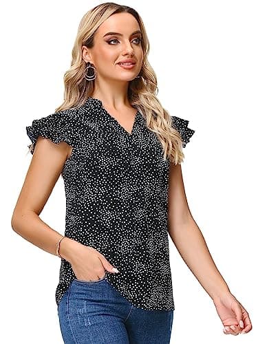 Sucolan Summer Tops for Women Sexy V Neck Shirts Cute Ruffle Sleeve Business Blouses Dressy Casual Polka Dots Black S - Thumbnail 3