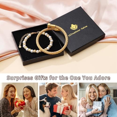 LCTrusttmor Gahna 18K Gold Plated Bangle Bracelet for Women, Non-Tarnish Stackable Nail Bracelets Set With Beaded, Dainty Adjustable Cubic Zirconia Snake Chain With Pearl Crystal Beaded, Trendy Jewelry Mother's Day Birthday Gifts for Lover Mom Her - Thumbnail 6