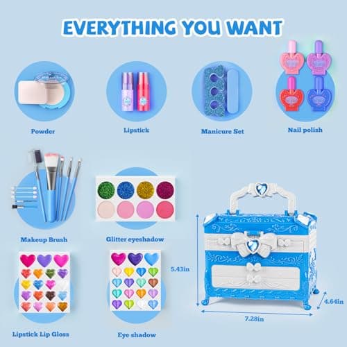 GORISPI Kids Makeup Sets for Girls, 66pcs Real Cosmetic for Kids Toys with Mirror, Princess Washable Girls Makeup Kit, Non-Toxic & Safe Brithday Gifts for 3 4 5 6 7 8 10 - 12 Years Old（Blue） - Thumbnail 2