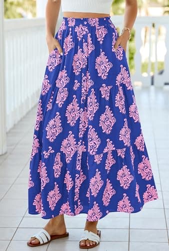 BTFBM Long Skirts for Women Summer 2026 Elastic High Waist Flowy A Line Casual Boho Tiered Floral Maxi Skirt Pockets(Dark Blue Pink Flower, XX-Large) - Thumbnail 5