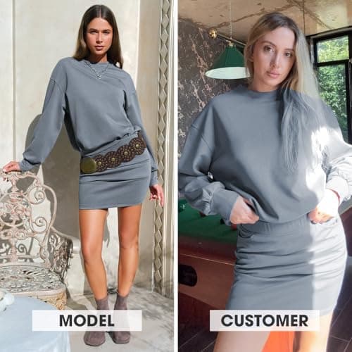 EXLURA Womens Fall Two Piece Skirt Sets Long Sleeve Mock Neck Sweatshirt Skort Matching Set Casual Lounge Tennis Outfits 2025 - Thumbnail 2