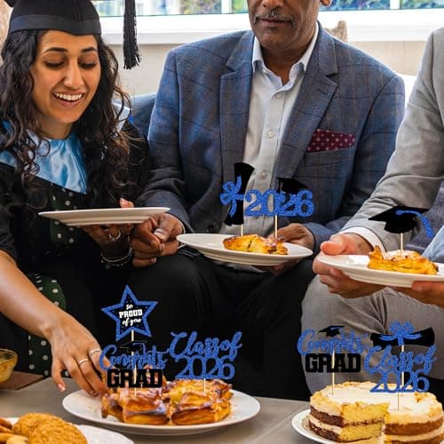 48 PCS Grad Cupcake Toppers, 6 Styles Graduation Cake Topper, Congrats Graduation Decorations 2026, Glittery Black and Blue Cap and Diploma Cake Picks for Grad Decor Party Supplies - Thumbnail 5