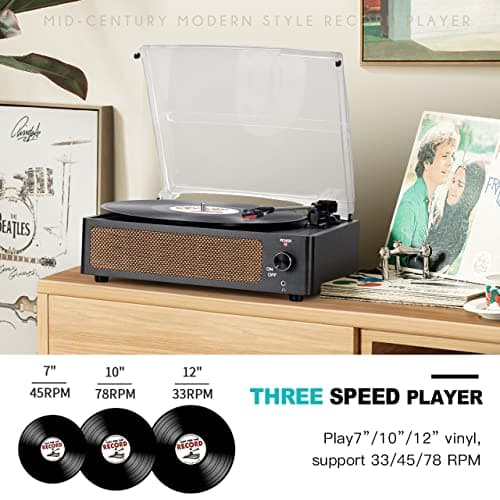 Vinyl Record Player with Speakers Vintage Turntable for Vinyls Records Belt-Driven Turn Table Support 3-Speed, Wireless Playback, Headphone, AUX-in, RCA Line LP Phonograph for Sound Enjoyment Black - Thumbnail 3