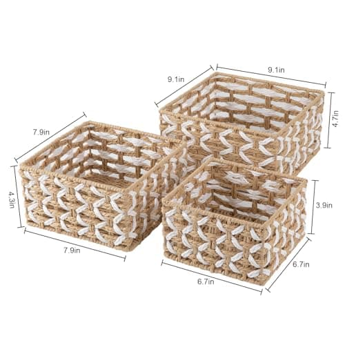OIAHOMY Storage Baskets Paper Rope Shelf Baskets, Handwoven Small Wicker Bins for Home, Set of 3-Yellow & White - Thumbnail 3
