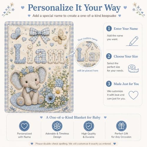 Kreiphantom Personalized Baby Blanket with Name, Custom Baby Blankets, Gift for Boy Girl, Ship Next Day, Customized Name, Baby Essentials, Elephant Design - Thumbnail 3