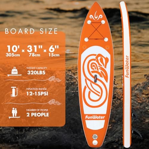 FunWater SUP Inflatable Stand Up Paddle Board 10'x31''x6'' Ultra-Light Inflatable Paddleboard with ISUP Accessories,Fins,Adjustable Paddle, Pump,Backpack, Leash, Waterproof Phone Bag,Kayak Seat - Thumbnail 2