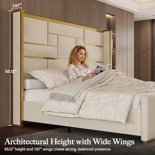 Uteeran Queen Bed Frame with 55.12" Tall Headboard, Modern Luxury Velvet Upholstered Platform Bed with Gold Trim, Wide Wingback Design, Noise-Free, Easy Assembly, No Box Spring Needed, Beige - Thumbnail 4