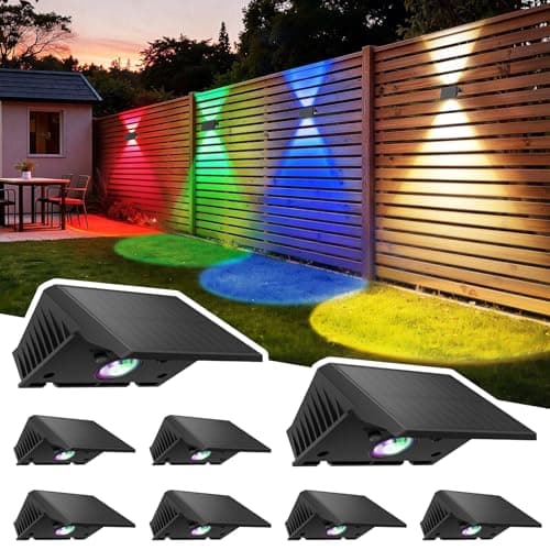 Solar Fence Lights Outdoor, 8 Pack Solar Up Down Wall Lights for Outside, IP67 Fence Lights Solar Powered Dusk to Dawn Auto-Work for Patio Garden Backyard Porch Deck Pathway Step (White&RGB) - Image 1