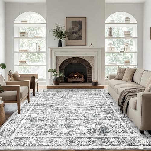 Ruicharm Washable Living Room Rug: 9x12 Boho Vintage Soft Area Rug for Bedroom Decor - Oriental Low Pile Thin Carpet for Dining Room Non-Slip - Farmhouse Stain Resistant Rugs - Grey